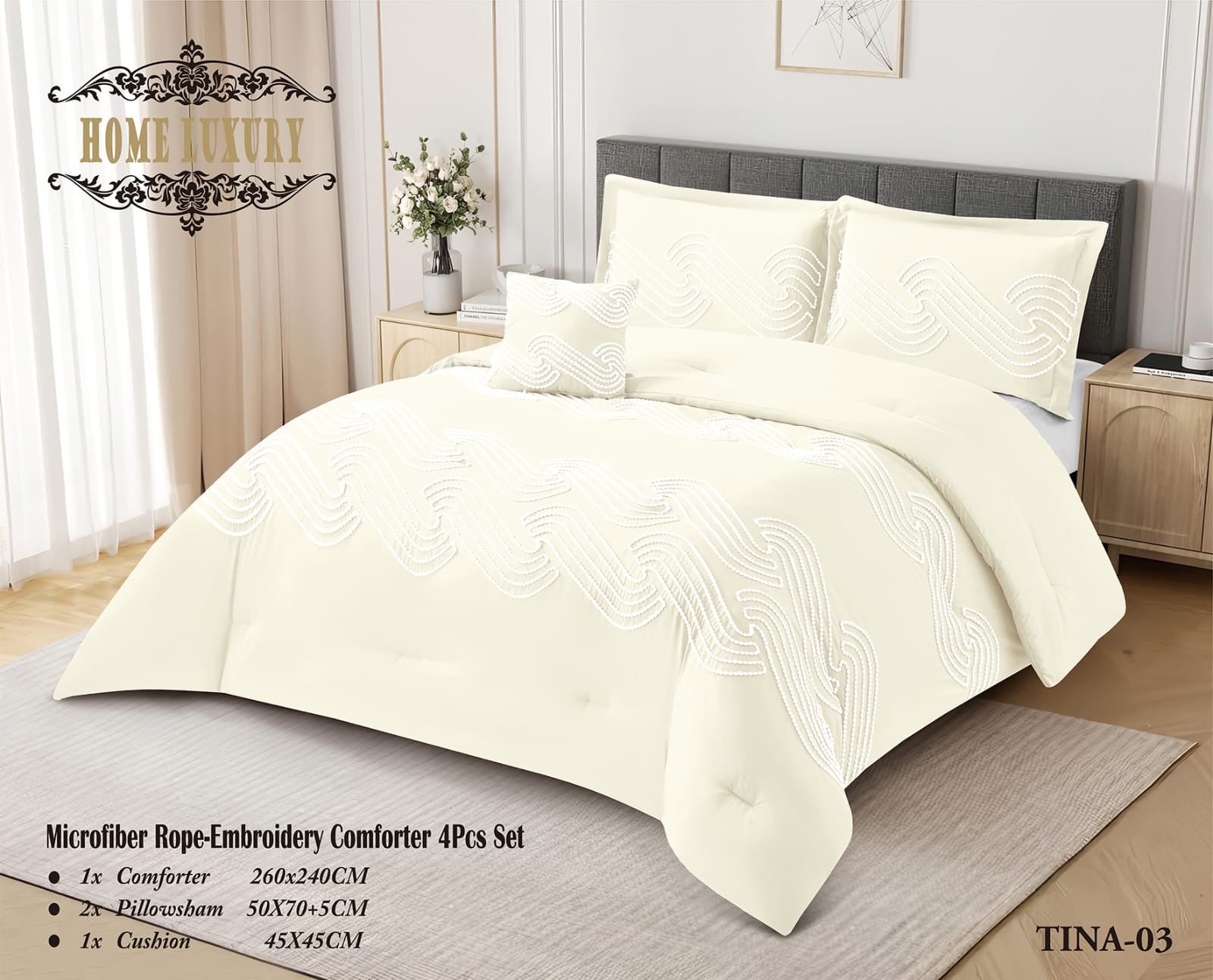 Microfiber Rope Embroidery Comforter 4 Pcs Set - Home Luxury